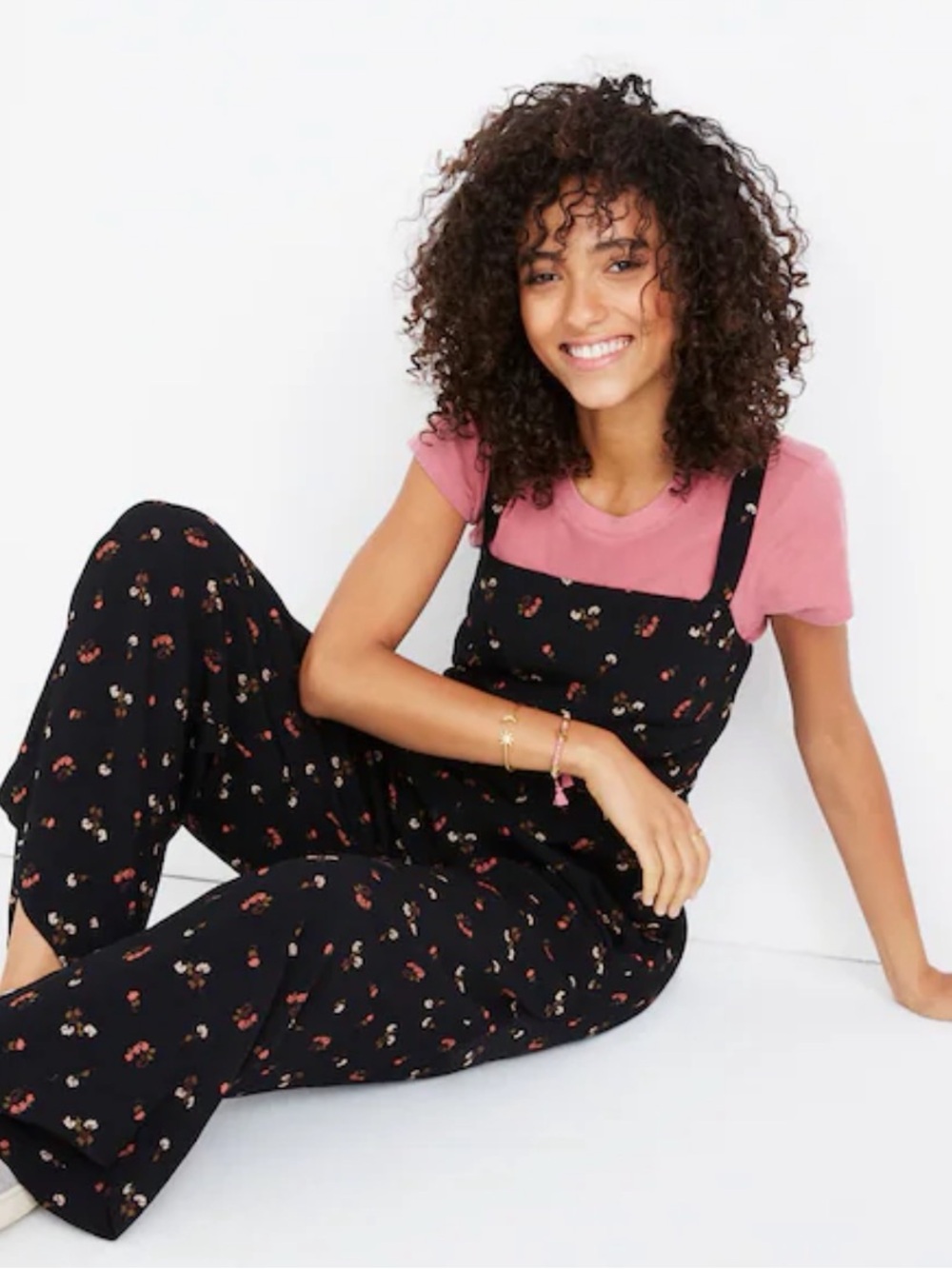 Madewell Black Floral Jumpsuit with Pink Accents